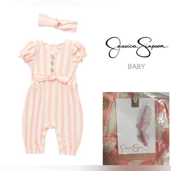 🆕JESSICA SIMPSON BABY - 3/6M - NWT - 2PC  PINK STRIPE COVERALL AND HEADBAND - Picture 1 of 5